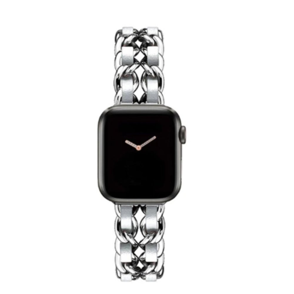 NEW Strap Silver White Chain Leather Stainless Band For Apple Watch